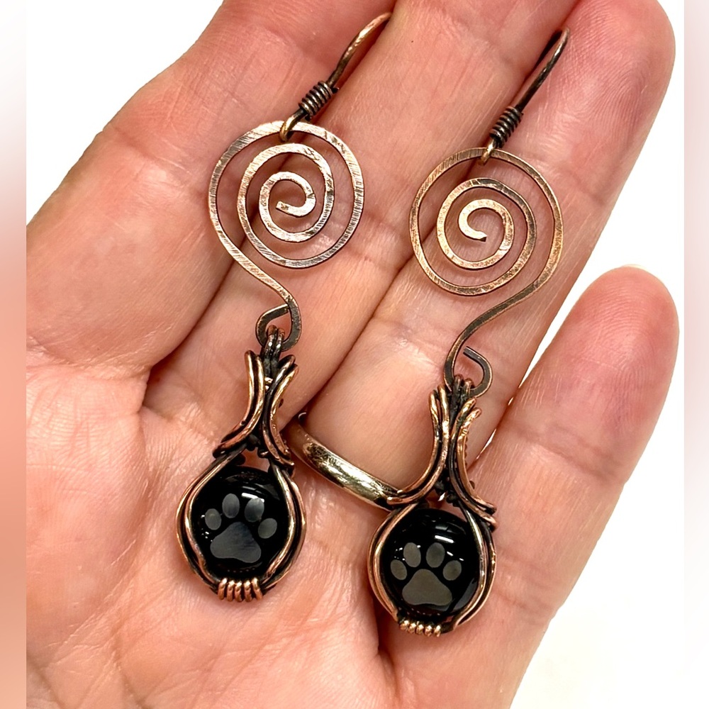 HAND CRAFTED Paw Print Engraved Black Onyx Wire Wrapped Copper Dangle Earrings